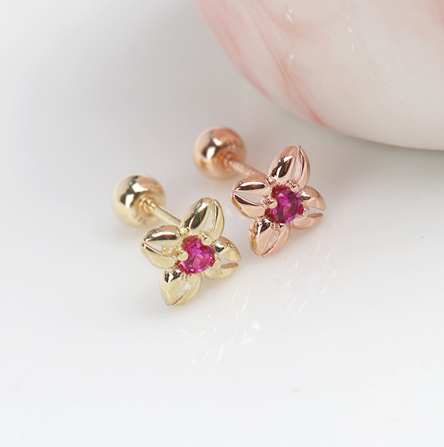 14k Gold Pink Flower Piercing
